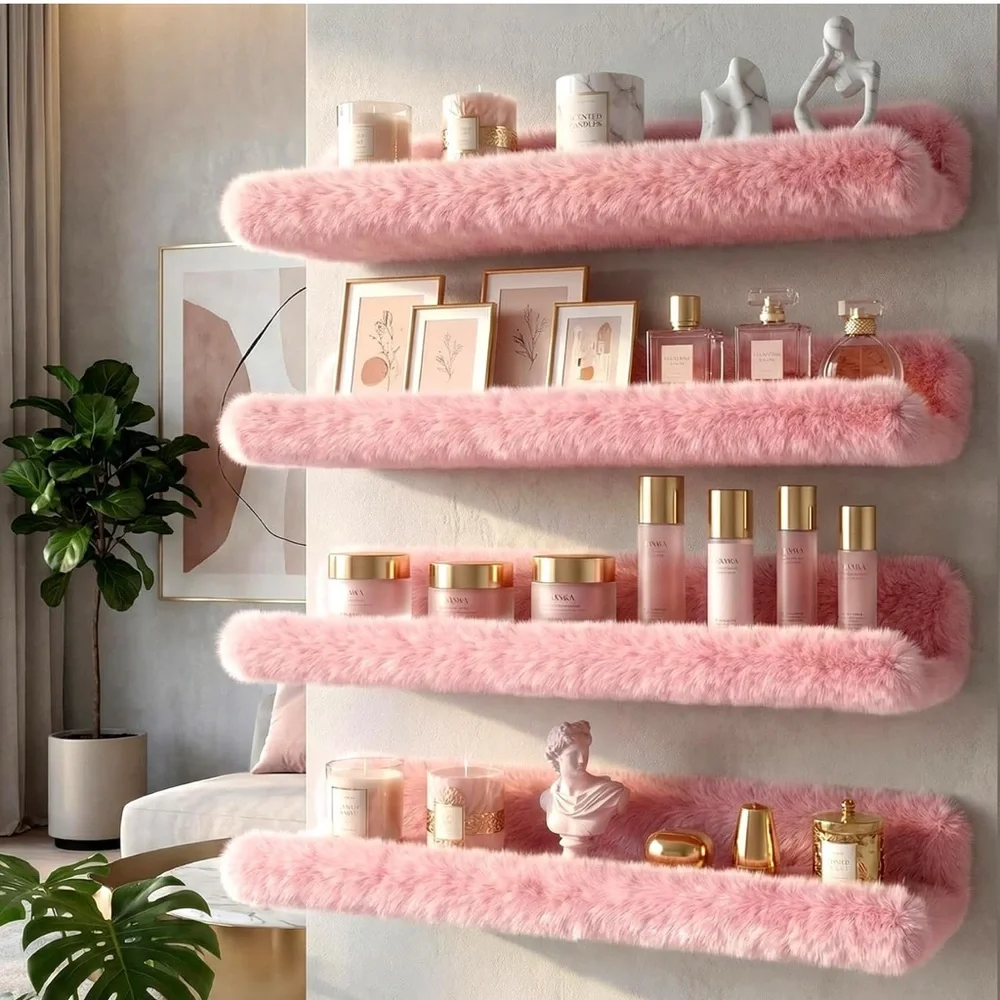 **TRADE**Soft Pink Faux Fur Wall Shelf - Plush Home Wall Decor Set of 4